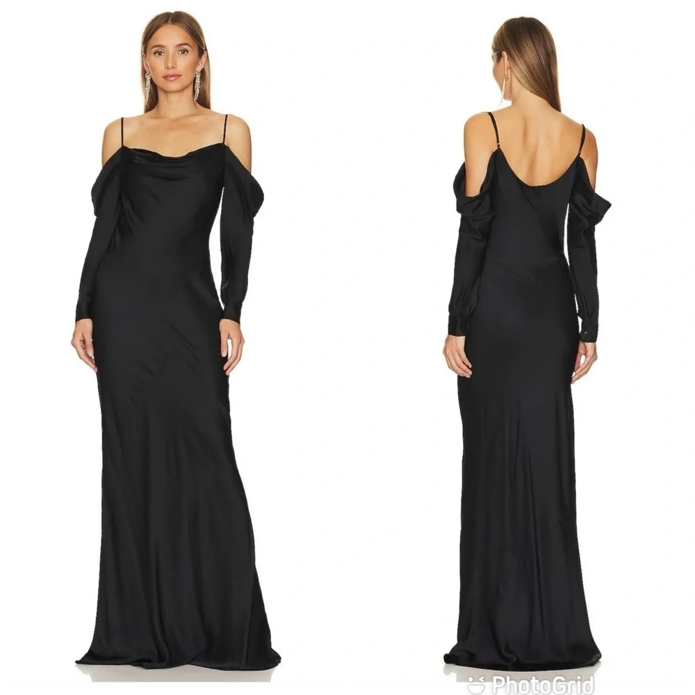 L'Agence "Juniper" Black Cold Shoulder Satin Maxi Dress Gown - US 0 / XS - Picture 5 of 8